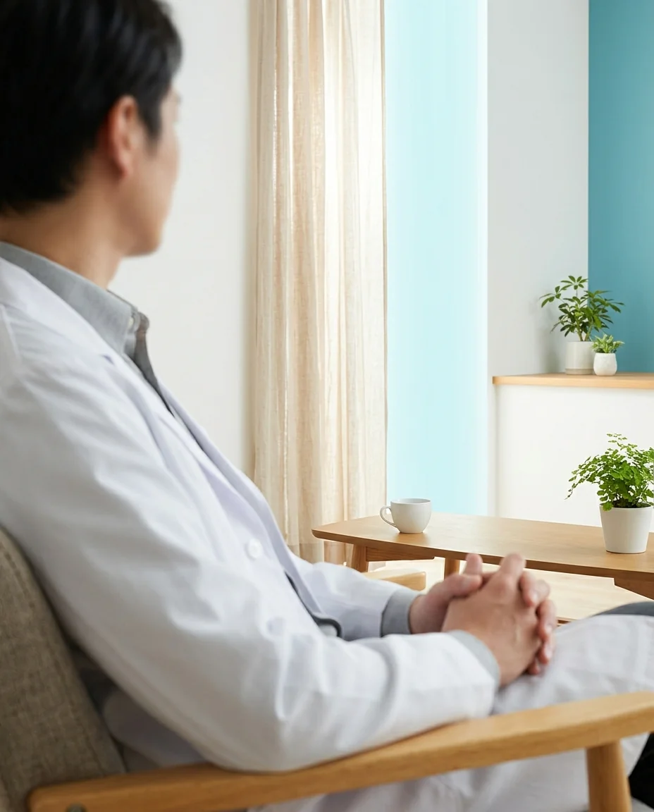 窓辺で患者さまと向き合う、矢野雄大医師の暫定イメージ（後日、実写に差し替え予定）