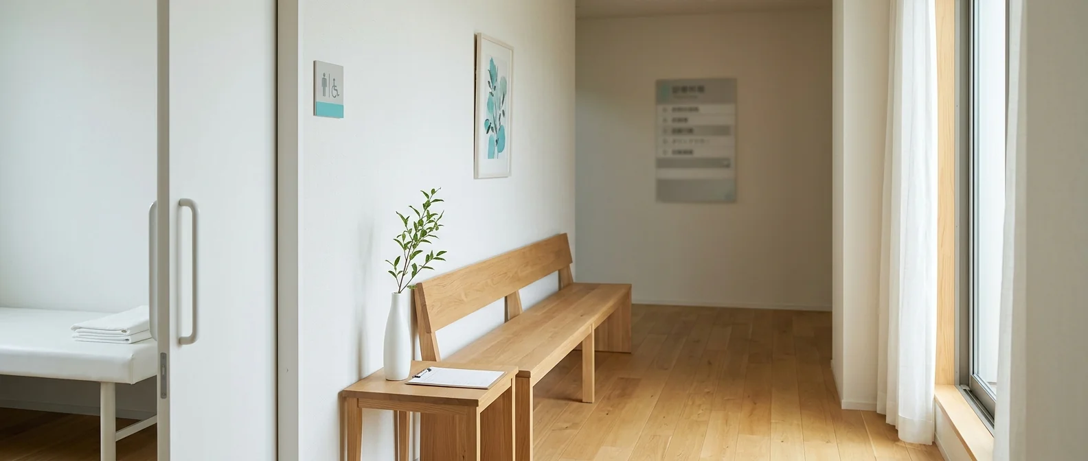 木のベンチが置かれた、内科の待合と診察室の白いドア
